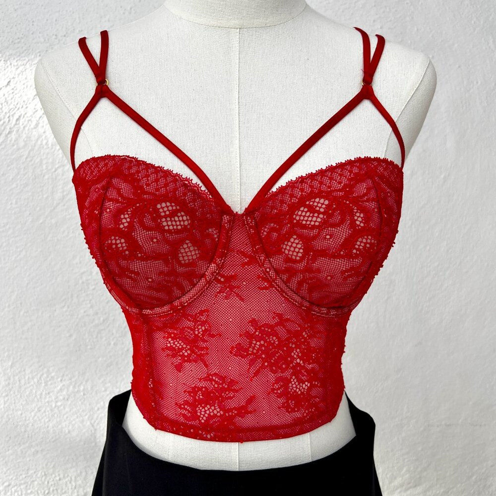 Victoria's Secret Very Sexy Red Lace Cage Bustier Corset Bra Top Size 32 DD